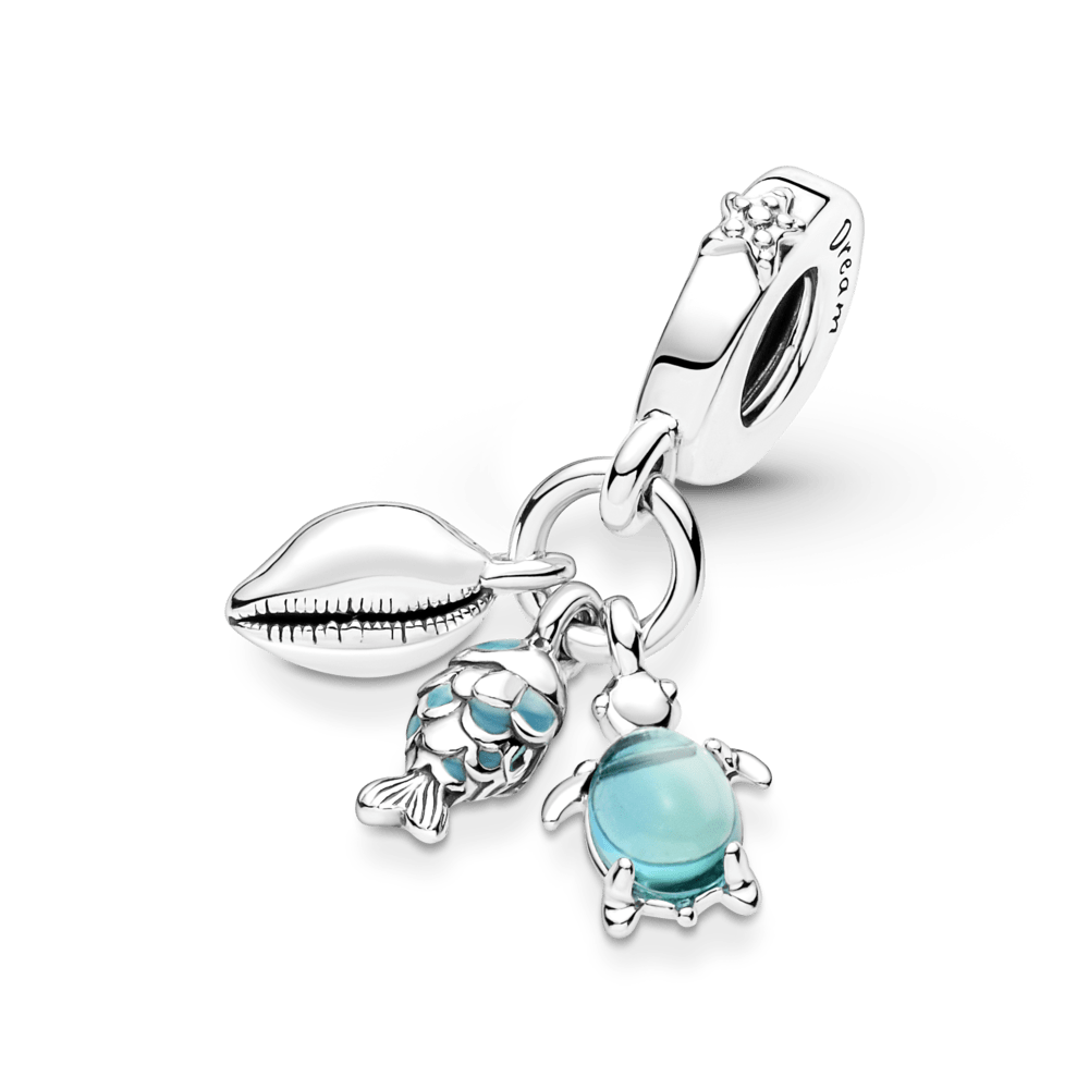 Pandora Charm - Colgante triple pescado, tortuga de mar y concha