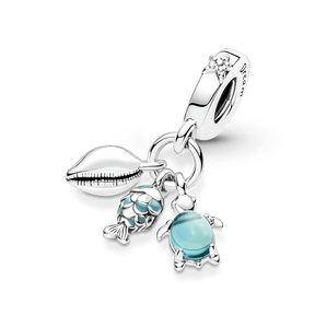 Pandora Charm - Colgante triple pescado, tortuga de mar y concha